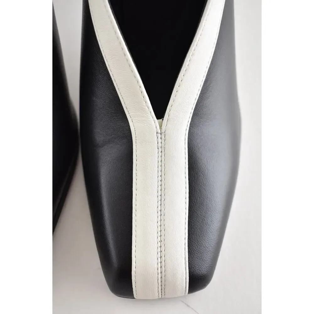 Chanel 26S Blazy Black Ivory White Lambskin Leather CC Gold Square Heel Pump 38